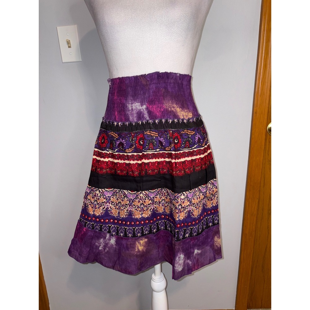 Jasmine Purple Tie Dye Boho Smocked Cotton Mini Skirt XS NWT pull on India